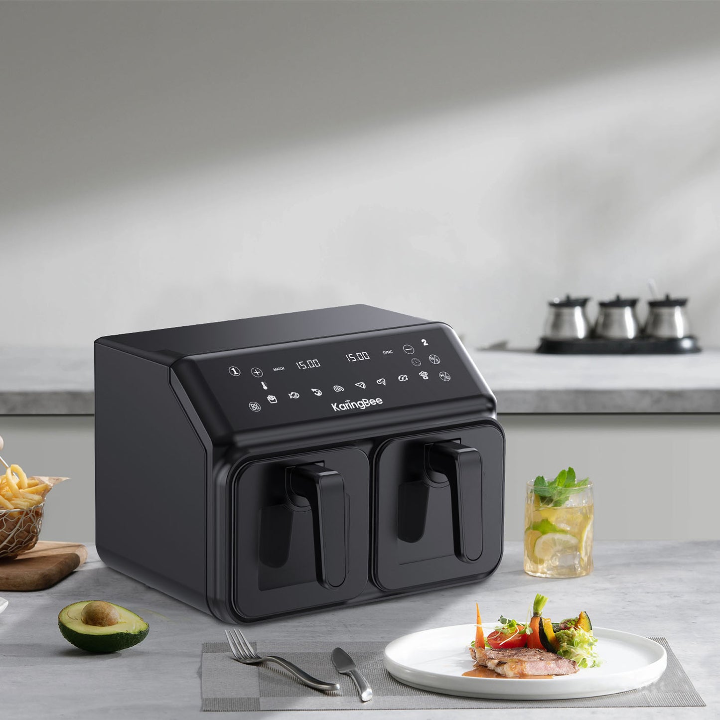AirFryer Frytkownica dwukomorowa z okienkiem KaringBee 2200W 2x4L